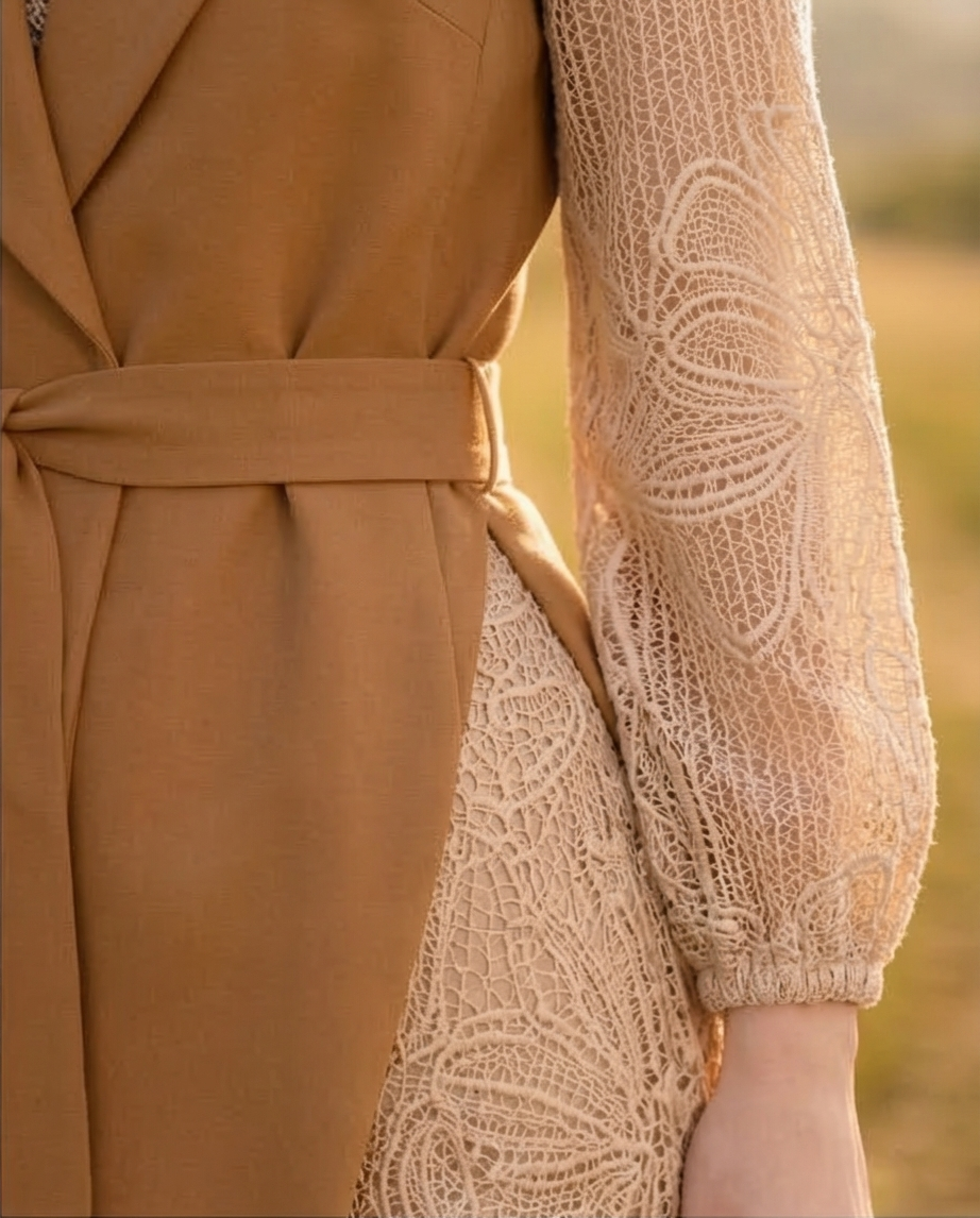 212 Crepe Blazer with Lace Sleeves & Flared Lace Midi Skirt