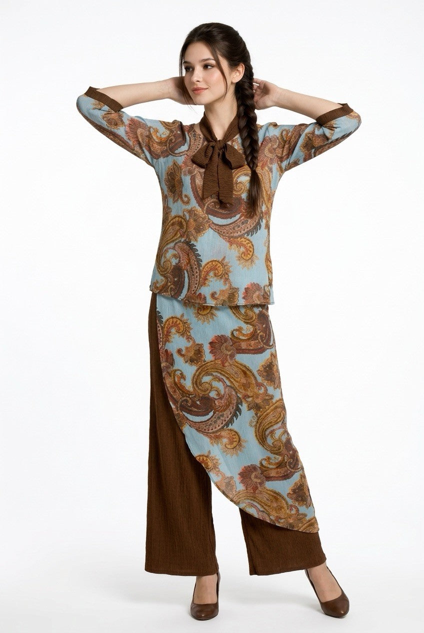 214 Printed Chiffon Blouse & Brown Crinkle Viscose Culottes