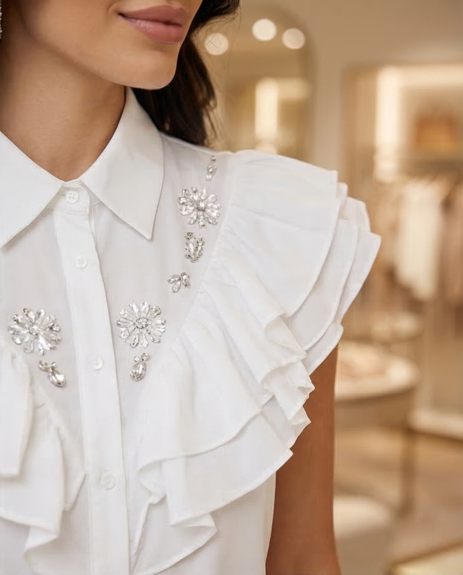 196 Sleeveless White Poplin Shirt with Ruffles & Crystal Details