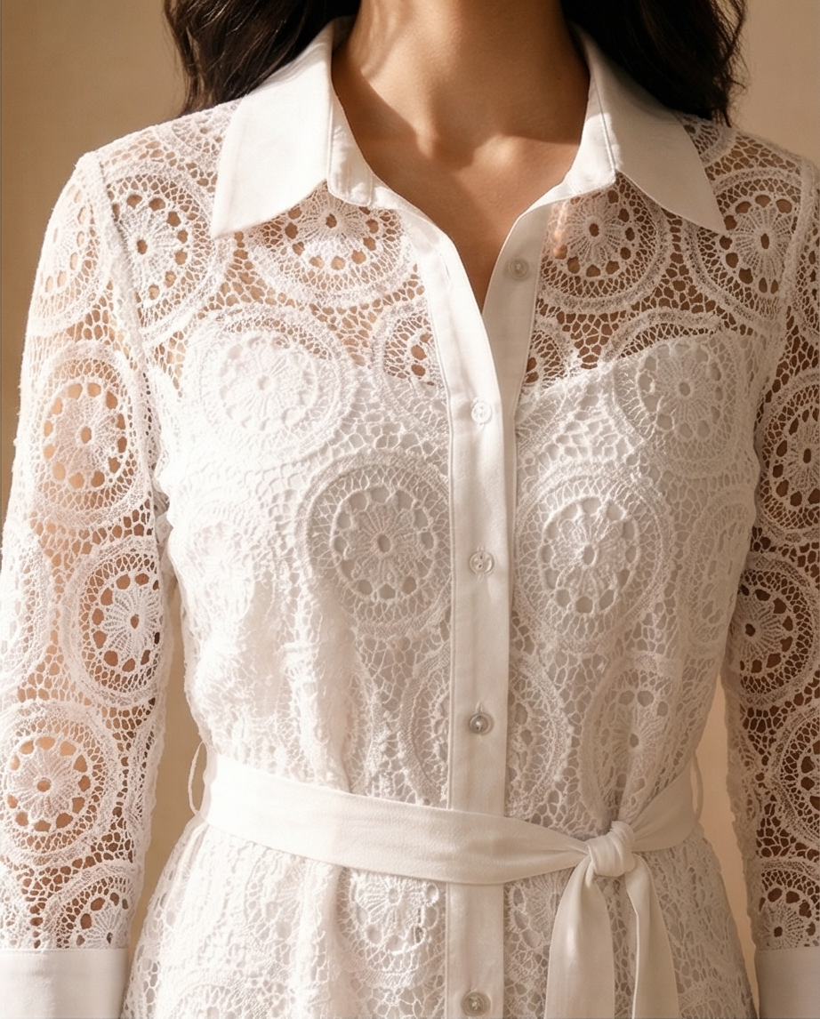 210 White Lace Mini Shirt-Dress – Crepe Details & Matching Belt