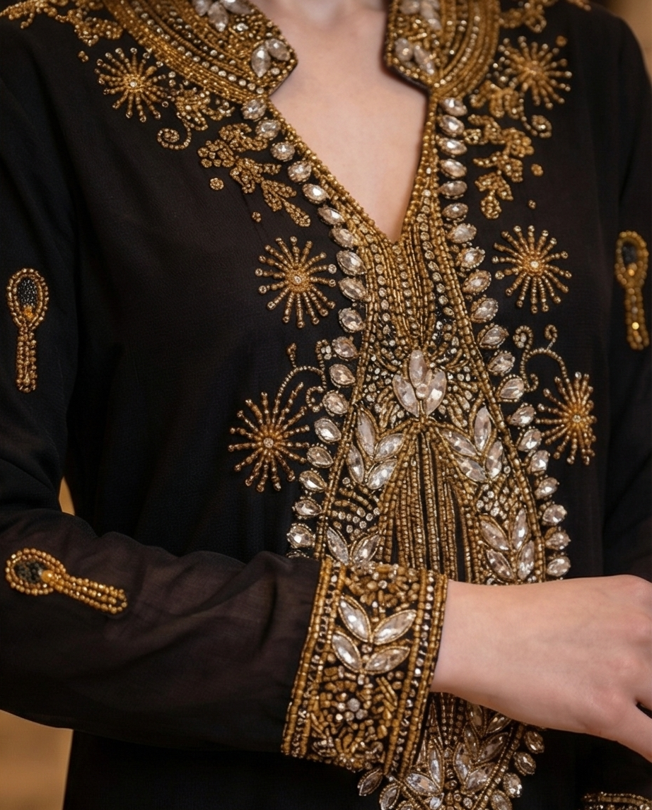 197 Chiffon Column Dress with Luxury Gold Crystal Embellishments