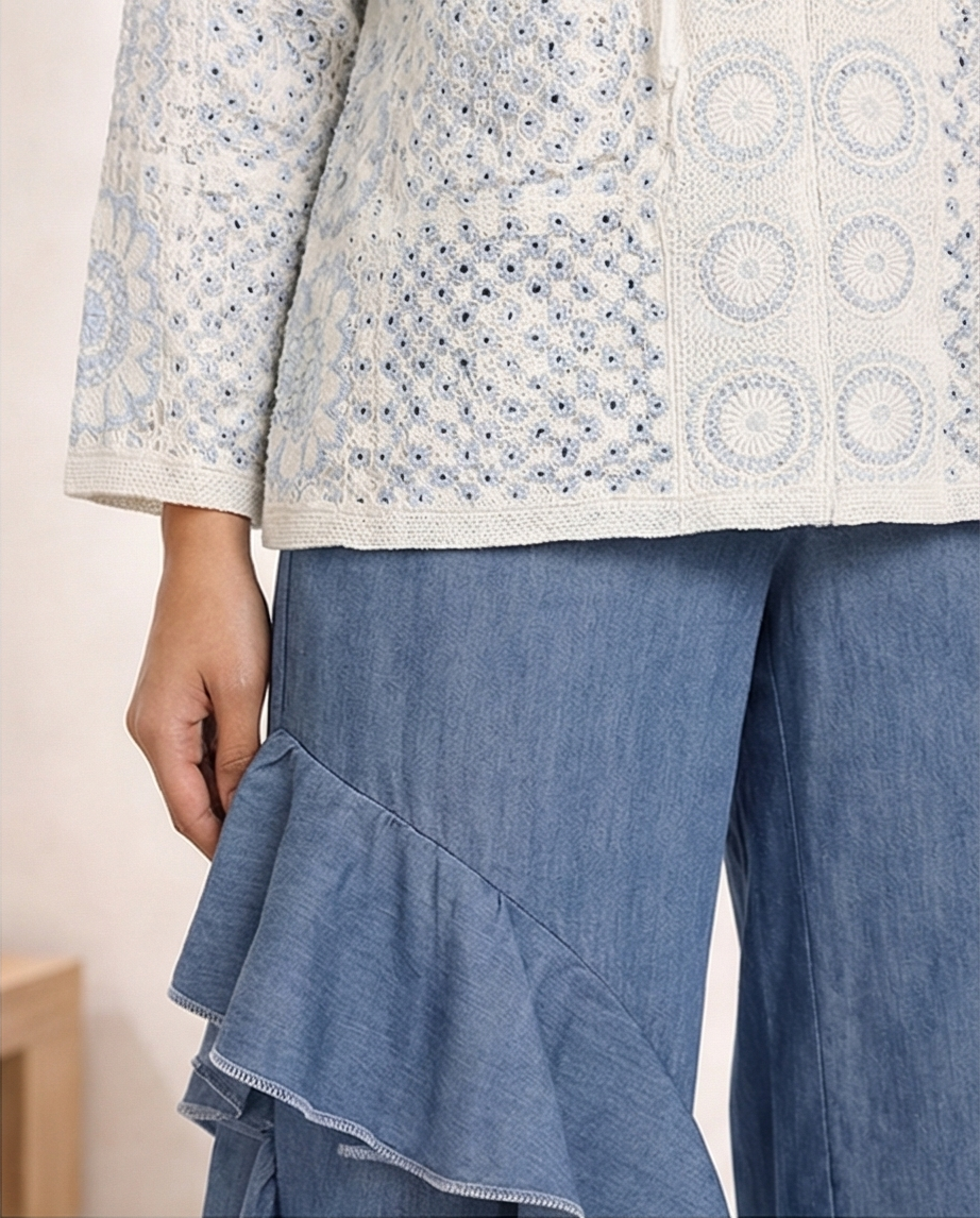 200 Soft Denim Wide-Leg Trousers with Ruffle Detail