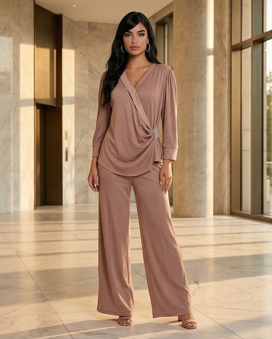 203 Nude-Beige Satin Set with Wrap Top & Crystal Detail