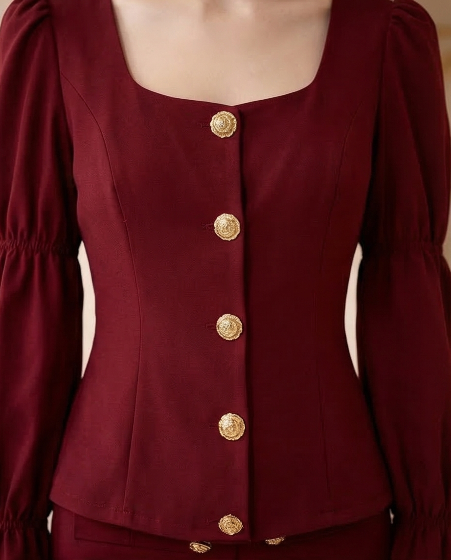 201 Cherry-Bordeaux Crepe & Satin Set with Luxurious Gold Buttons