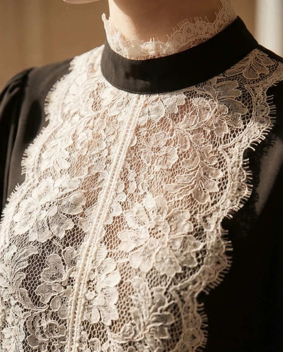 218 Βlack Georgette Shirt with Appliqué Lace Front & Mao Collar