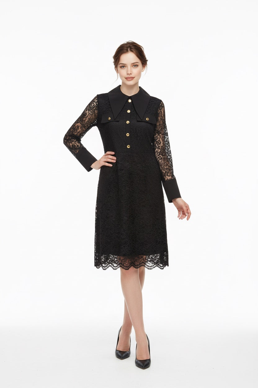 110 Μαύρο midi φόρεμα με δαντέλα