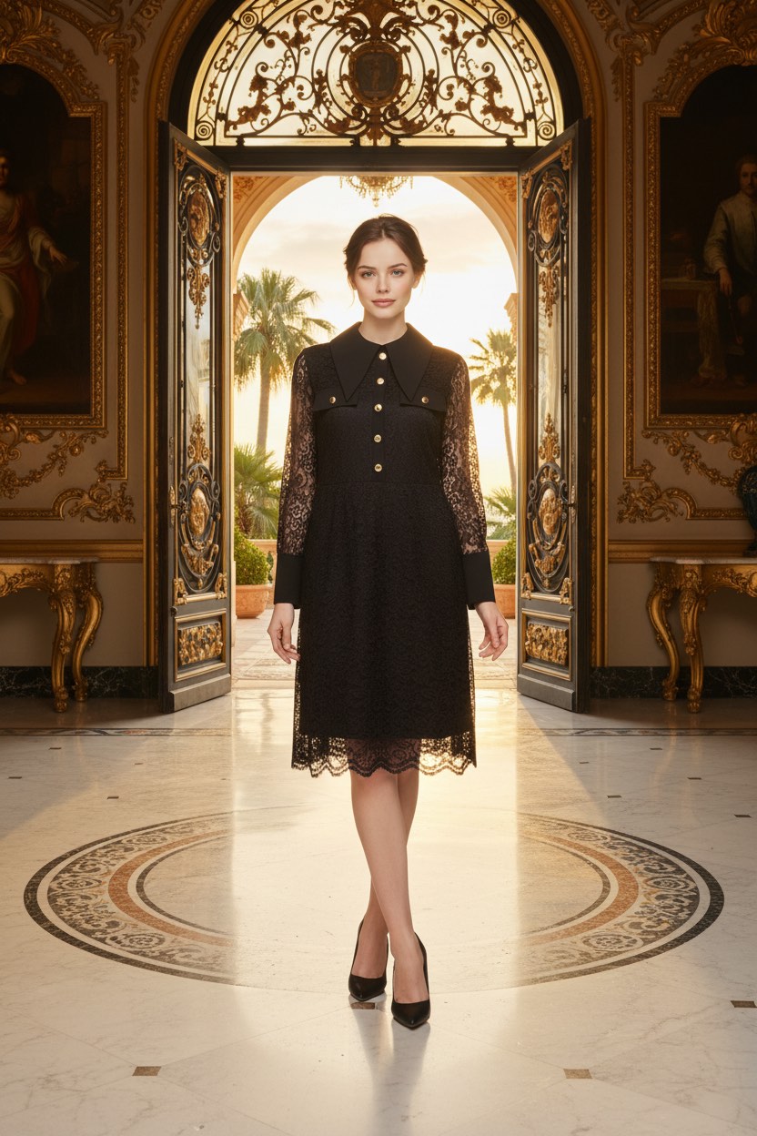 110 Μαύρο midi φόρεμα με δαντέλα