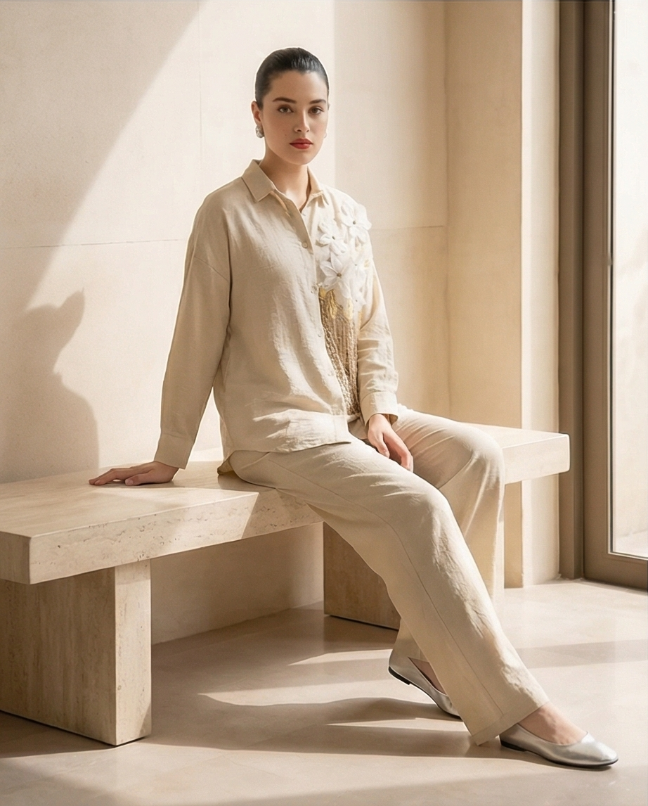 219   Cotton Set: Raglan Sleeve Shirt & Straight Leg Trousers