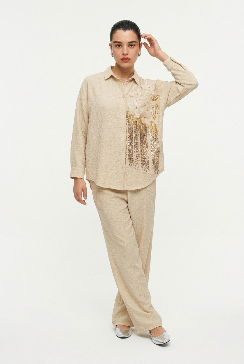 219   Cotton Set: Raglan Sleeve Shirt & Straight Leg Trousers