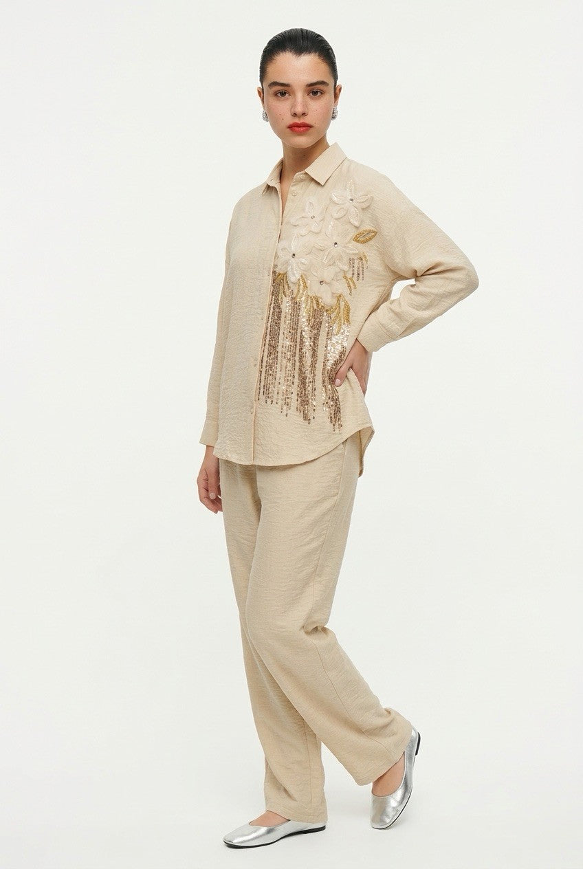 219   Cotton Set: Raglan Sleeve Shirt & Straight Leg Trousers
