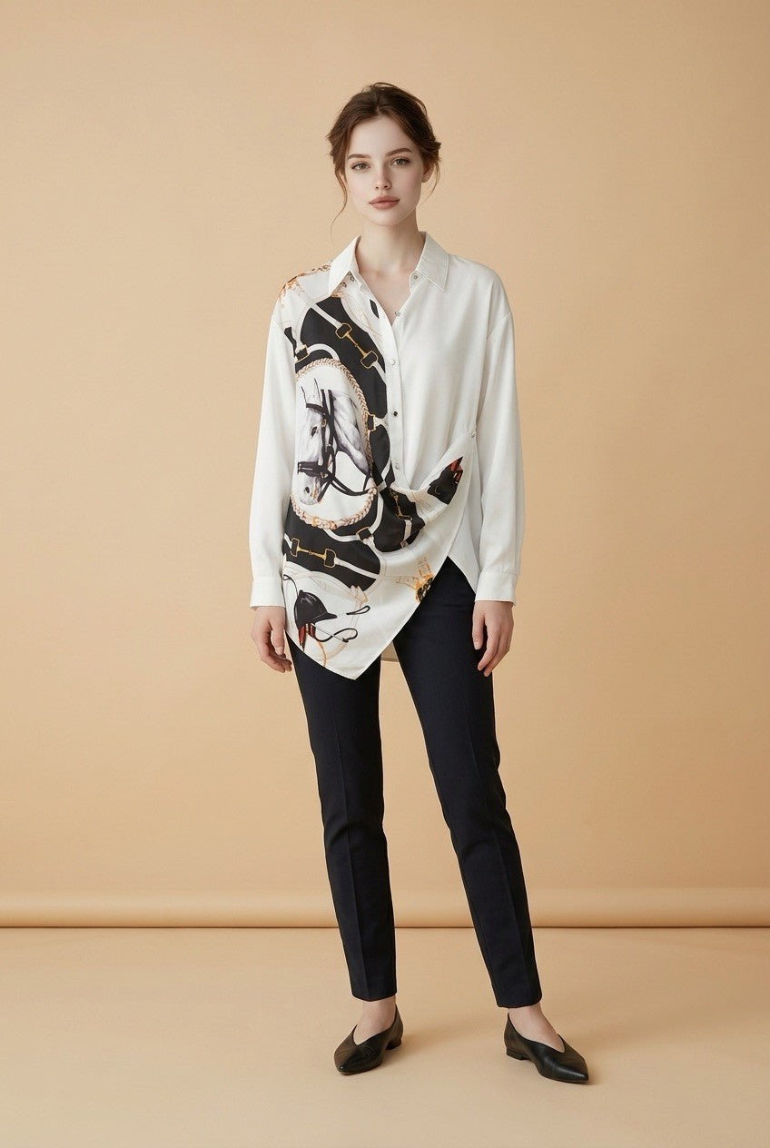 211  Georgette Shirt with Digital Print & Draped Button Closure
