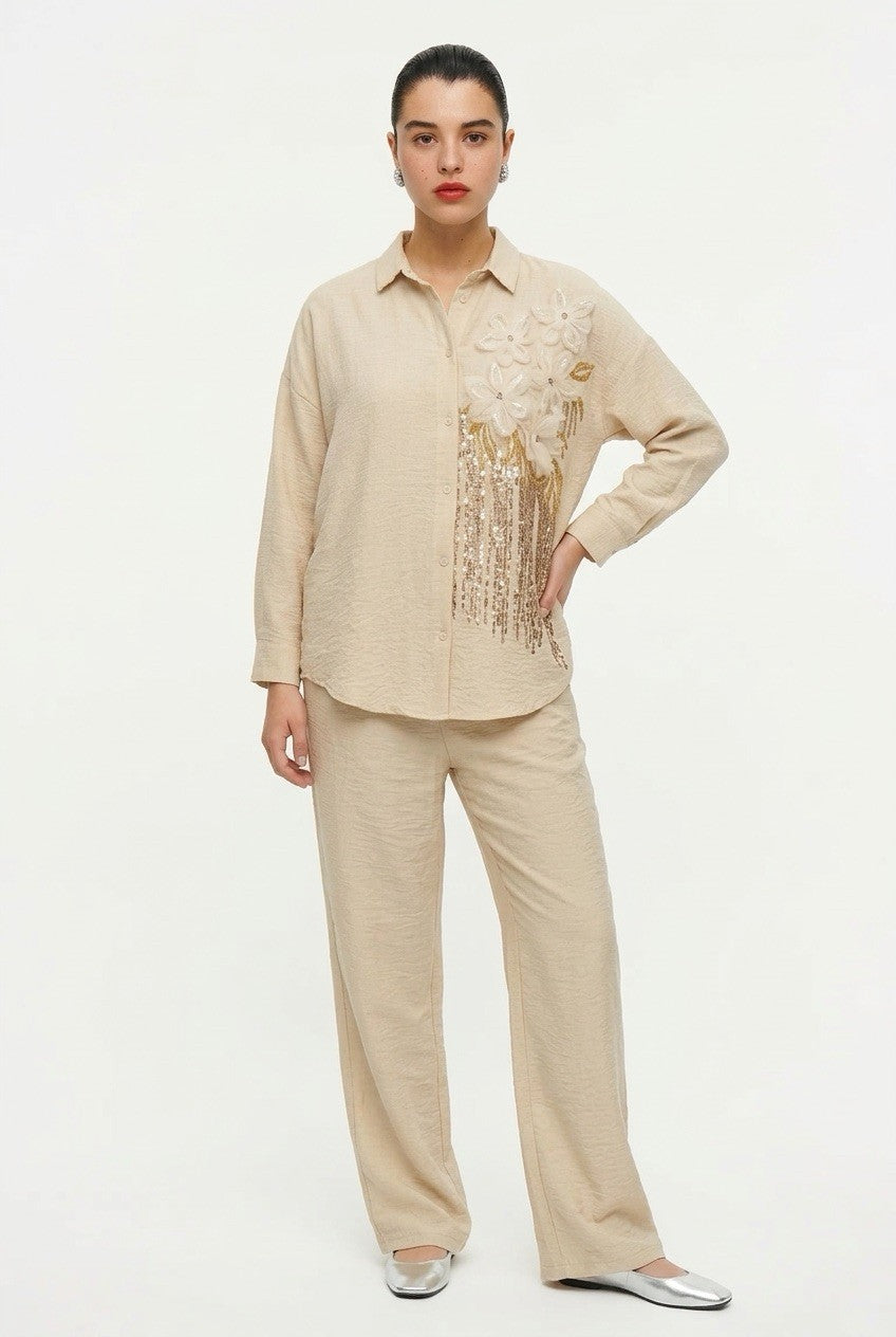 219   Cotton Set: Raglan Sleeve Shirt & Straight Leg Trousers
