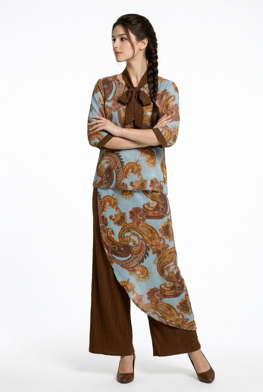 214  Printed Chiffon Blouse & Brown Crinkle Viscose Culottes
