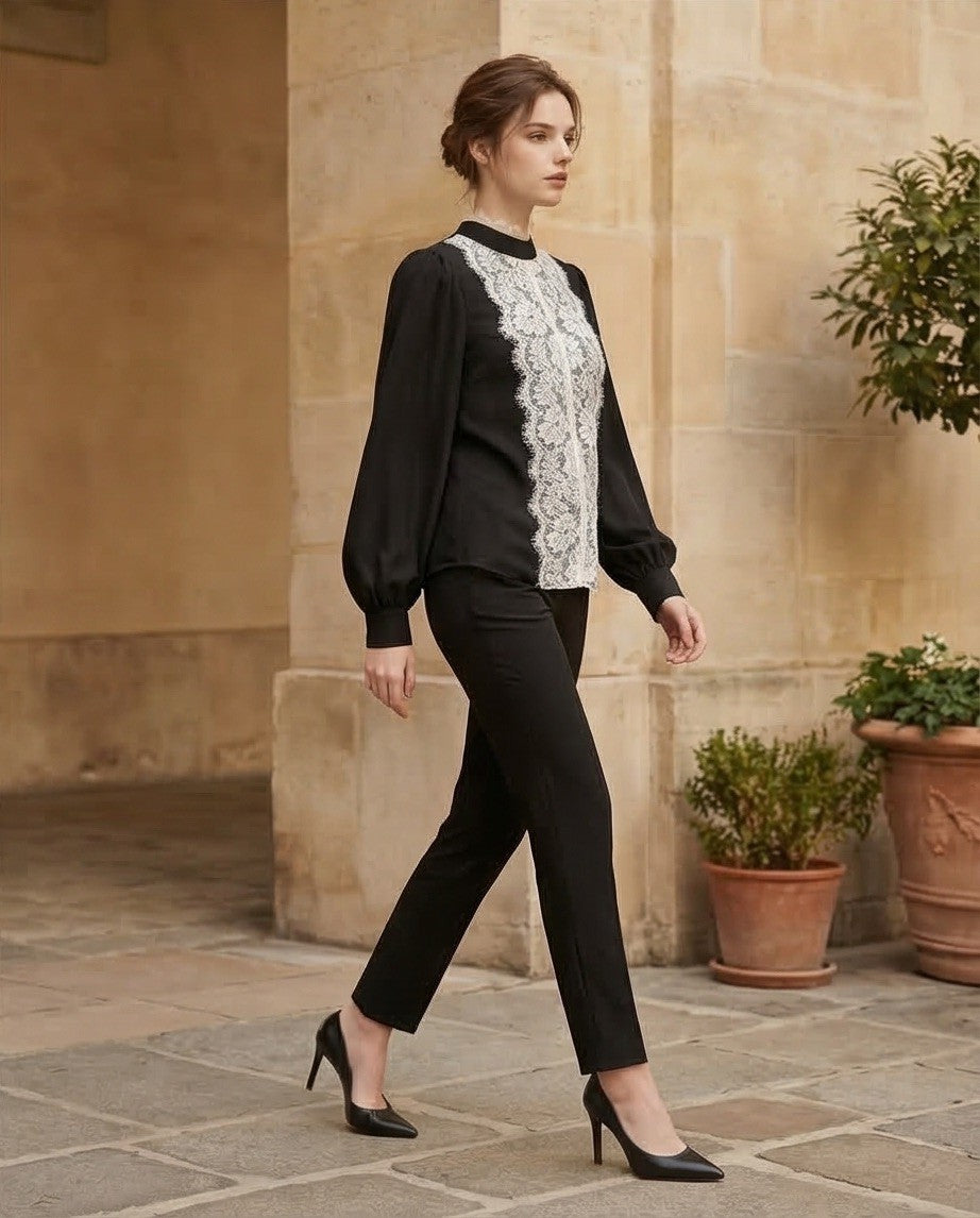 218   Βlack Georgette Shirt with Appliqué Lace Front & Mao Collar