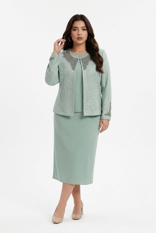 215  3-Piece Mint Green Skirt Suit – Premium Crepe & Crystal-Embellished Brocade (Plus Size)