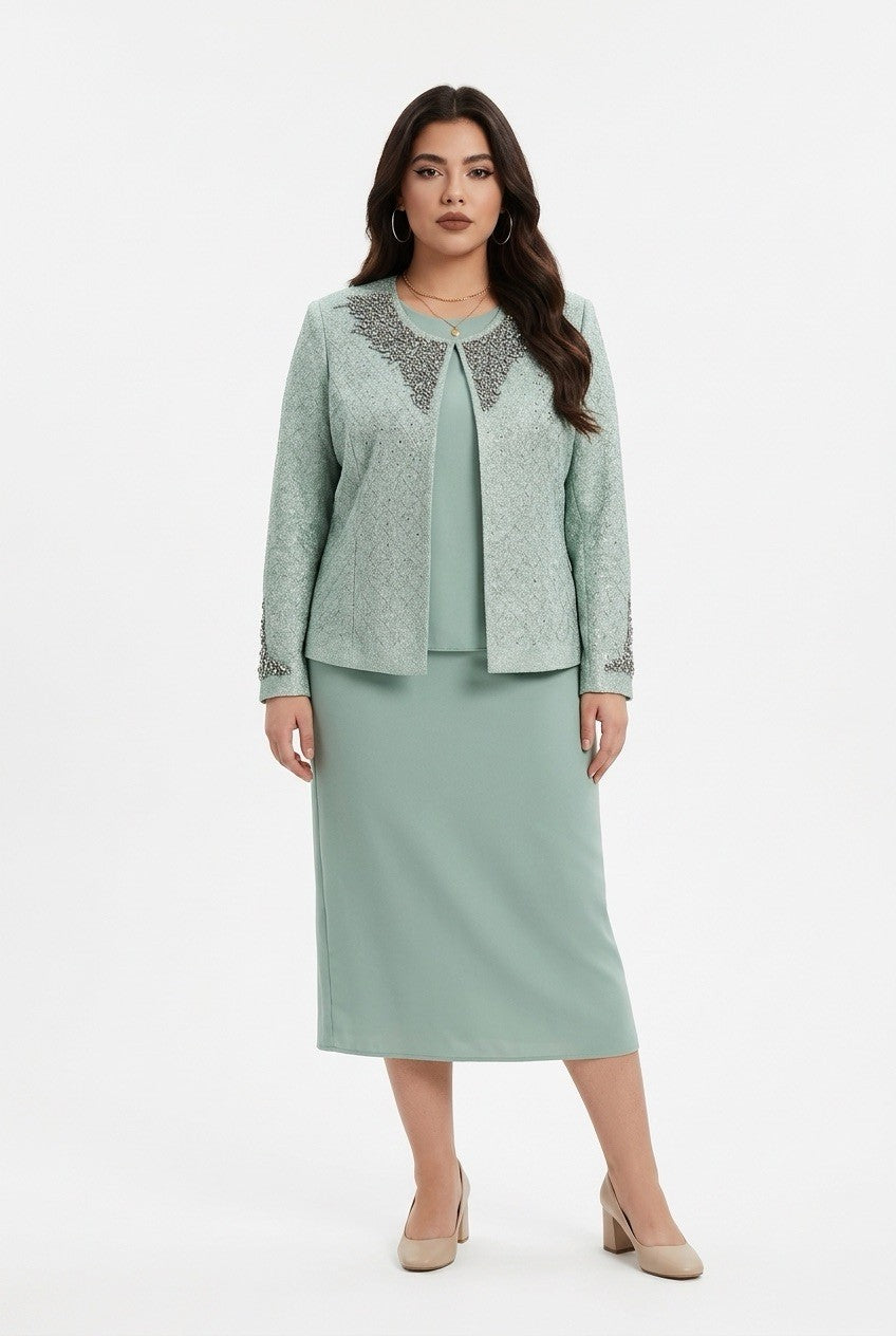 215  3-Piece Mint Green Skirt Suit – Premium Crepe & Crystal-Embellished Brocade (Plus Size)