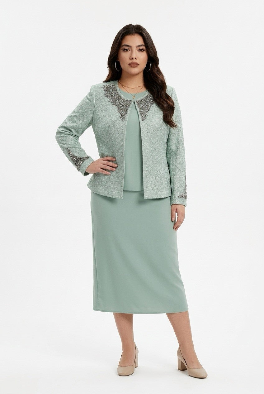 215  3-Piece Mint Green Skirt Suit – Premium Crepe & Crystal-Embellished Brocade (Plus Size)
