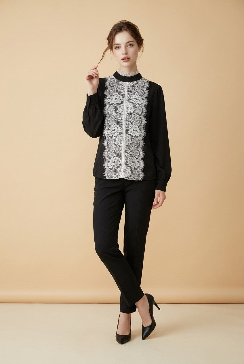 218   Βlack Georgette Shirt with Appliqué Lace Front & Mao Collar