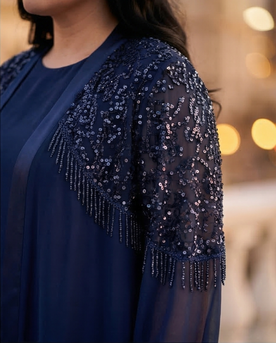 216   Chiffon Set – Embellished Tunic with Sequins & Crystal Fringe, Top & Wide-Leg Trousers, Plus Size – Navy Blue