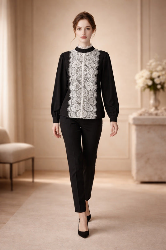 218   Βlack Georgette Shirt with Appliqué Lace Front & Mao Collar