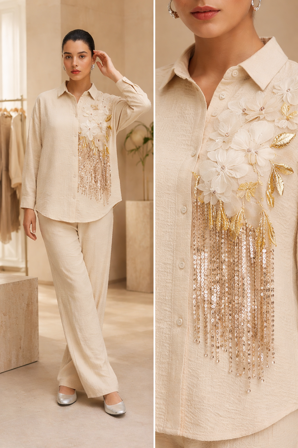 219   Cotton Set: Raglan Sleeve Shirt & Straight Leg Trousers