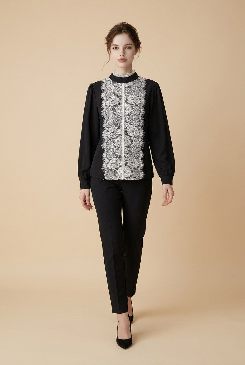 218   Βlack Georgette Shirt with Appliqué Lace Front & Mao Collar