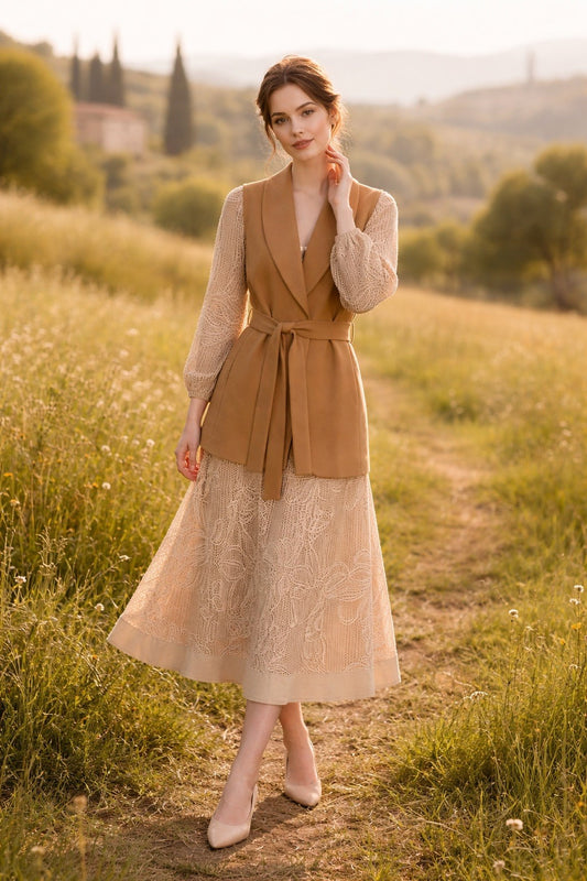 212 Crepe Blazer with Lace Sleeves & Flared Lace Midi Skirt