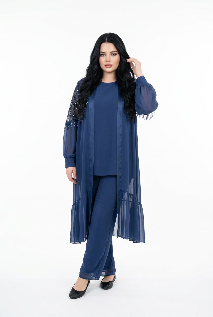 216   Chiffon Set – Embellished Tunic with Sequins & Crystal Fringe, Top & Wide-Leg Trousers, Plus Size – Navy Blue