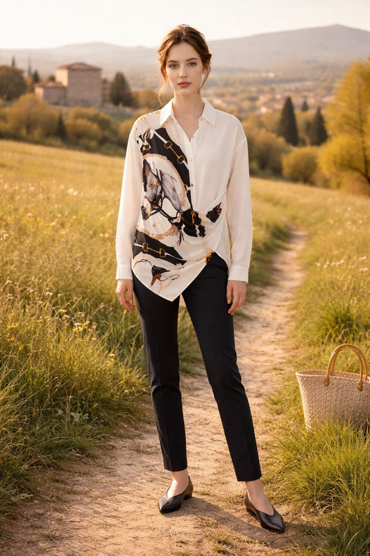 211  Georgette Shirt with Digital Print & Draped Button Closure