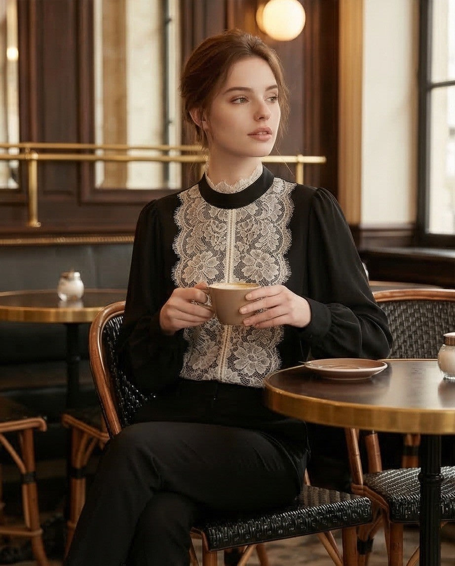 218   Βlack Georgette Shirt with Appliqué Lace Front & Mao Collar