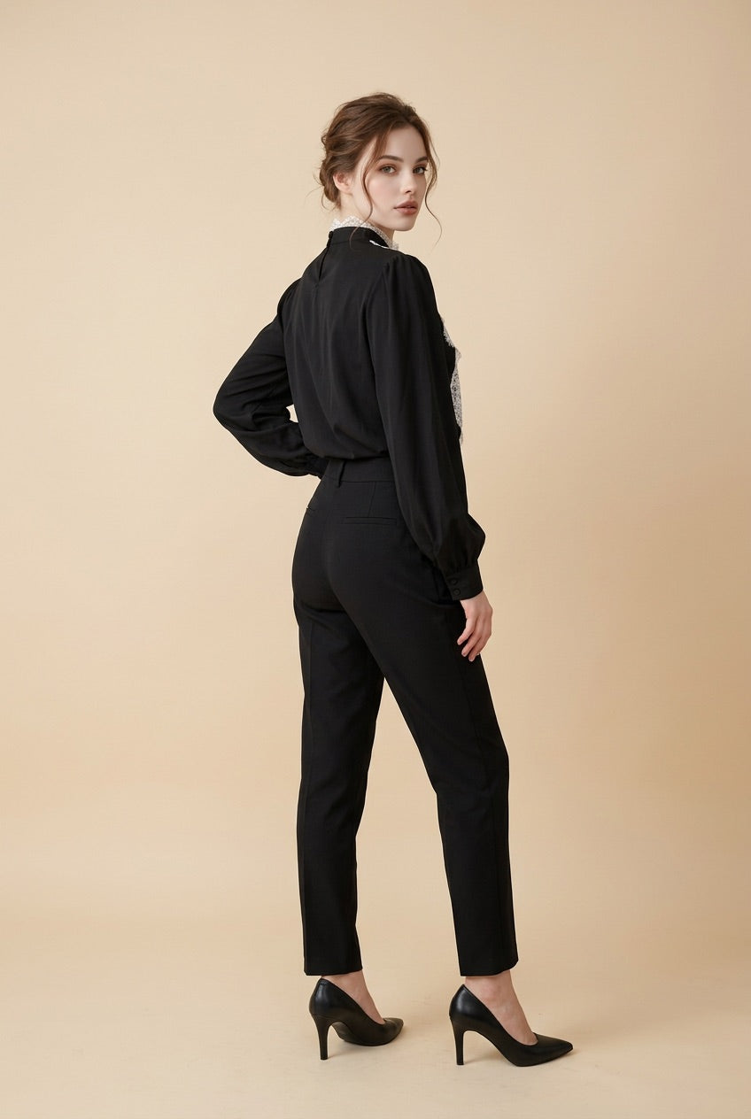 218   Βlack Georgette Shirt with Appliqué Lace Front & Mao Collar