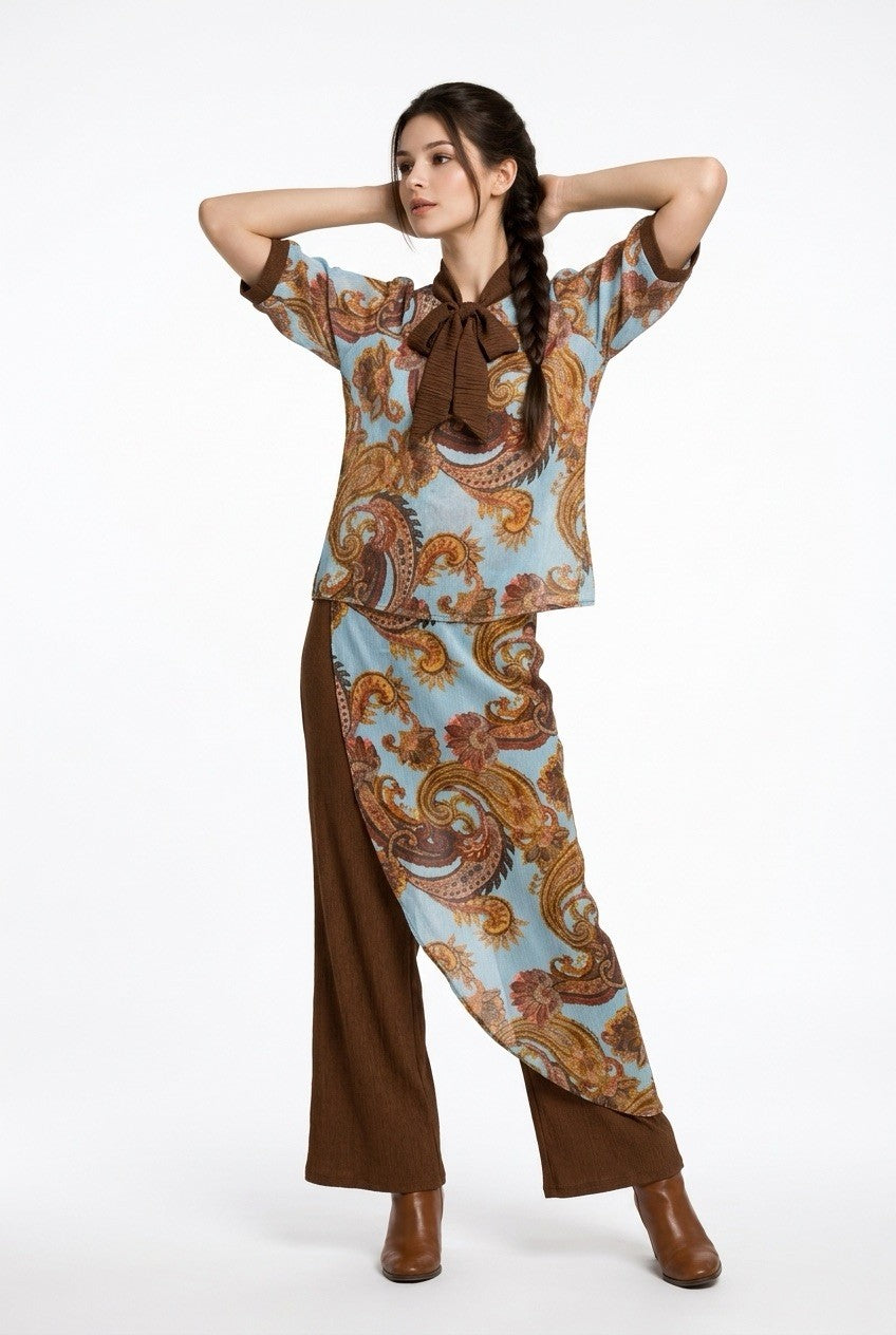 214  Printed Chiffon Blouse & Brown Crinkle Viscose Culottes