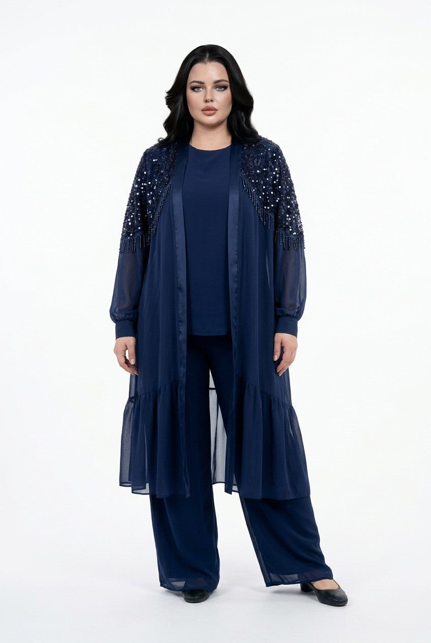 216   Chiffon Set – Embellished Tunic with Sequins & Crystal Fringe, Top & Wide-Leg Trousers, Plus Size – Navy Blue