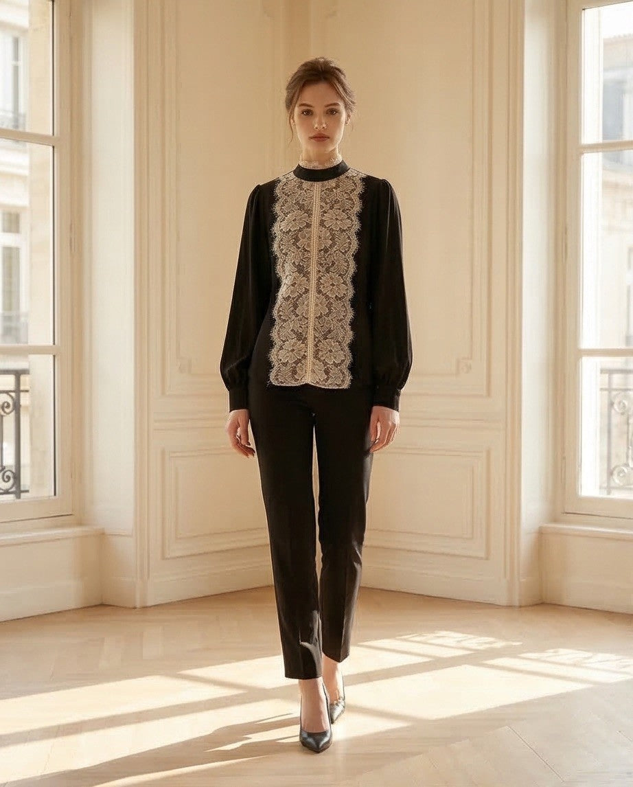 218   Βlack Georgette Shirt with Appliqué Lace Front & Mao Collar