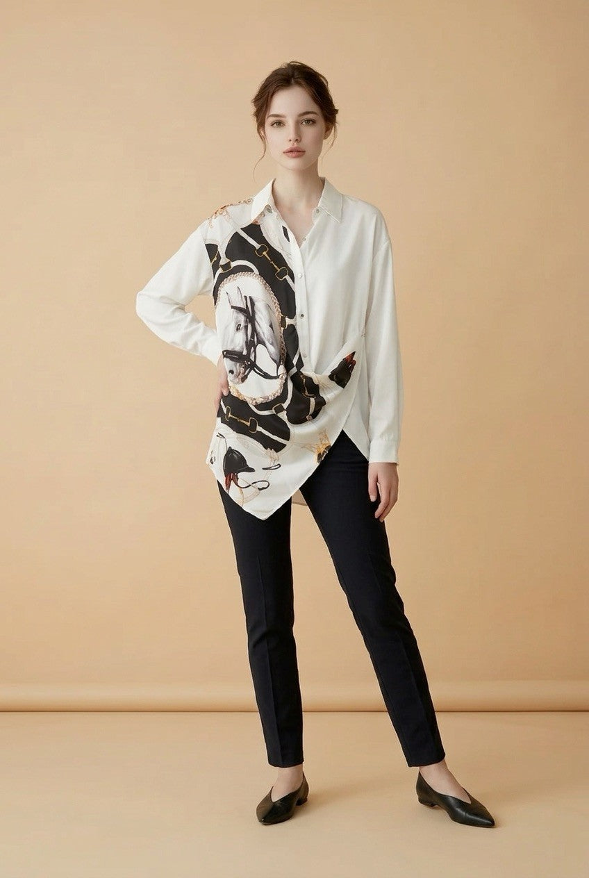 211  Georgette Shirt with Digital Print & Draped Button Closure