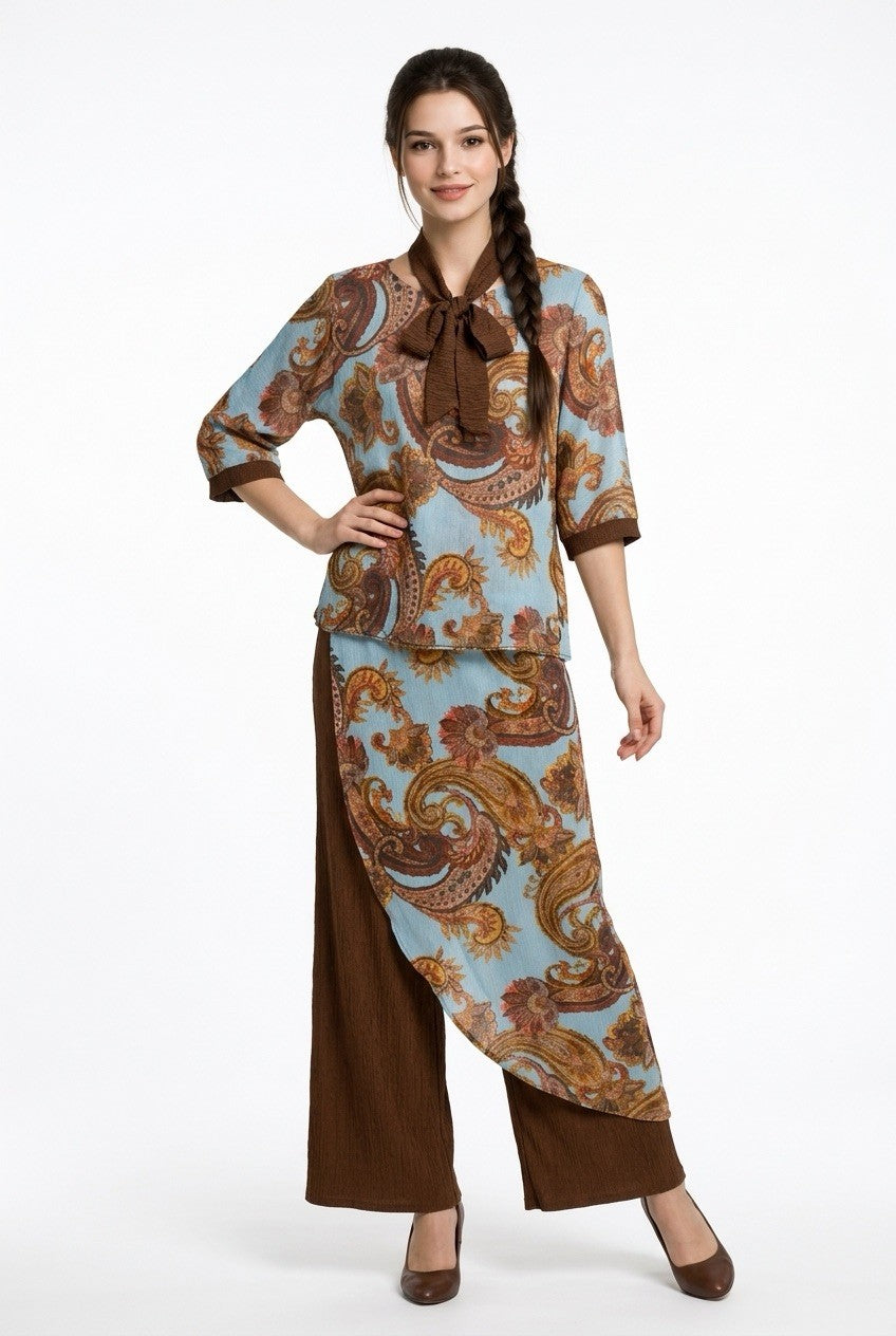 214  Printed Chiffon Blouse & Brown Crinkle Viscose Culottes