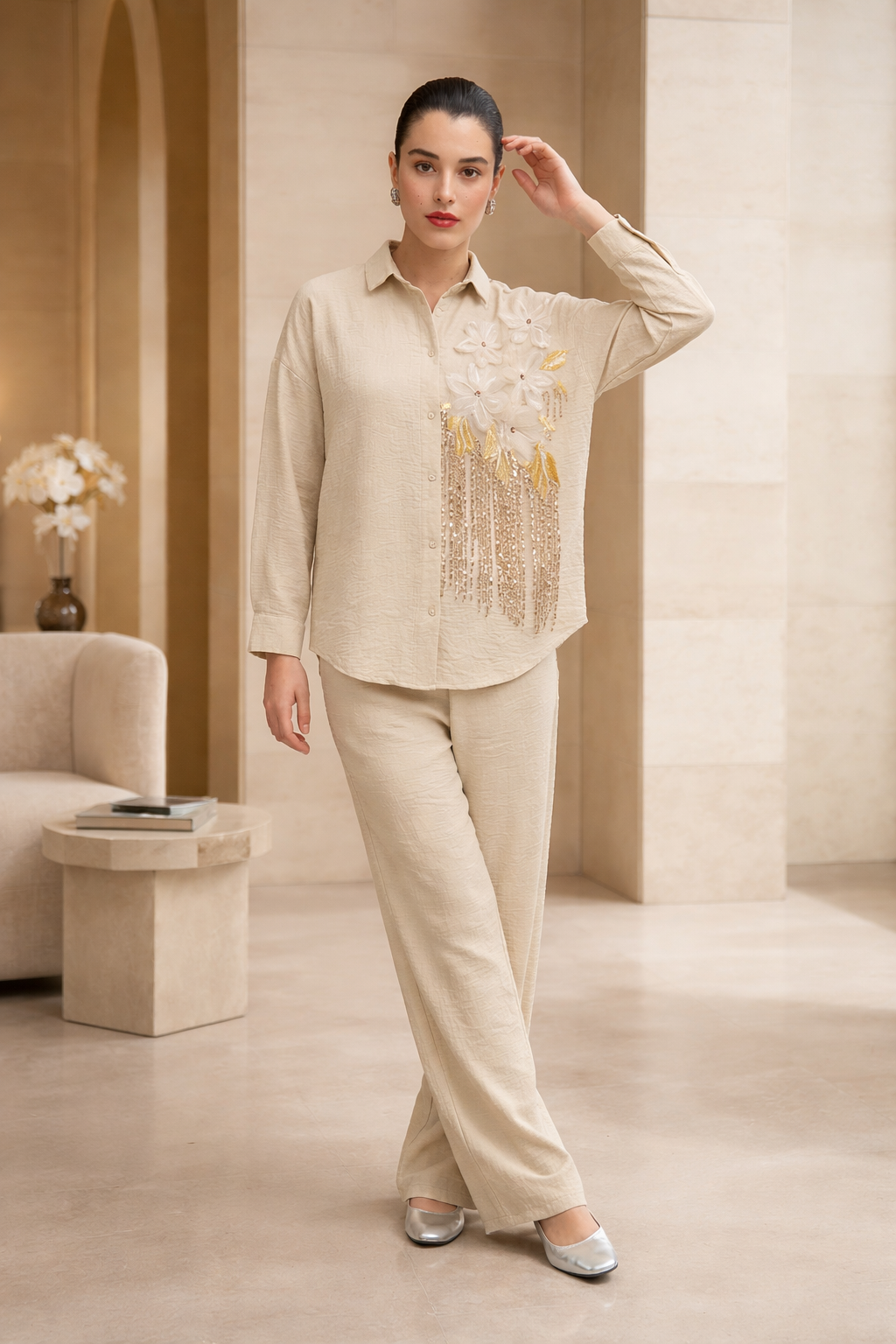 219   Cotton Set: Raglan Sleeve Shirt & Straight Leg Trousers