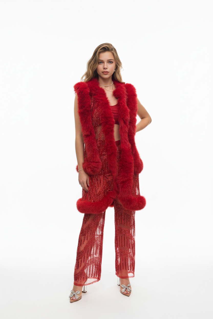 167   Haute Couture Σετ – Κόκκινη Παντελόνα με Κρύσταλλα & Γιλέκο με Γούνα Ρεναρ