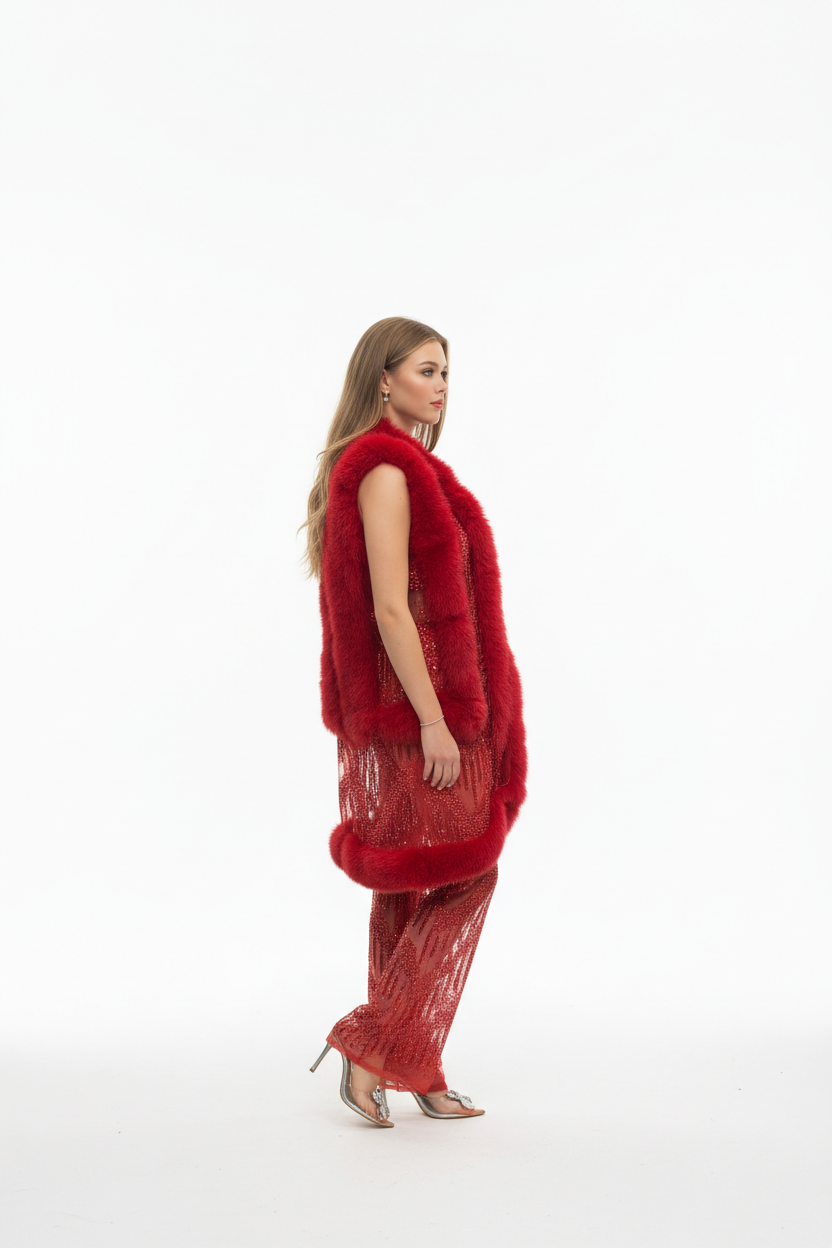 167   Haute Couture Σετ – Κόκκινη Παντελόνα με Κρύσταλλα & Γιλέκο με Γούνα Ρεναρ