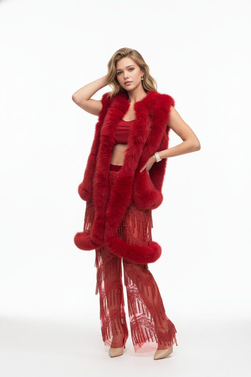 167   Haute Couture Σετ – Κόκκινη Παντελόνα με Κρύσταλλα & Γιλέκο με Γούνα Ρεναρ