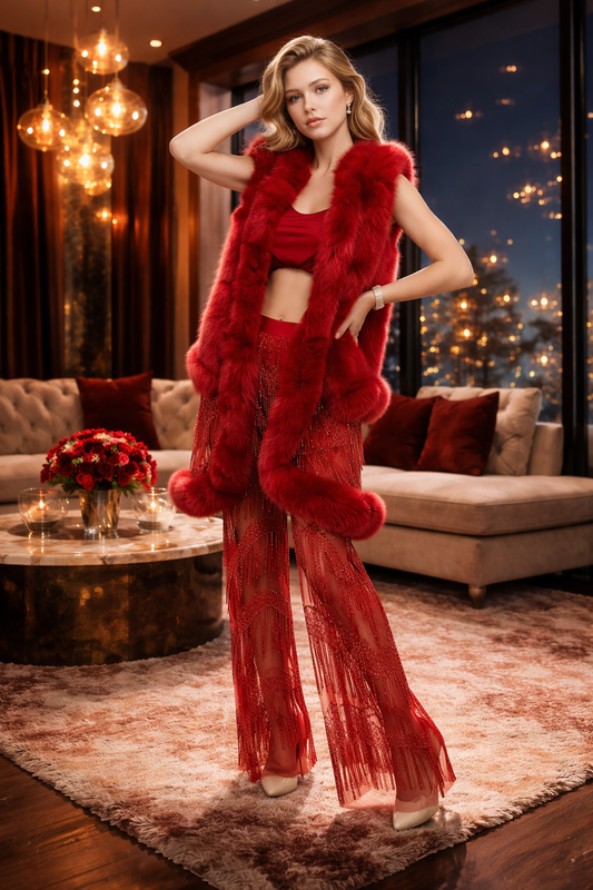 167   Haute Couture Σετ – Κόκκινη Παντελόνα με Κρύσταλλα & Γιλέκο με Γούνα Ρεναρ