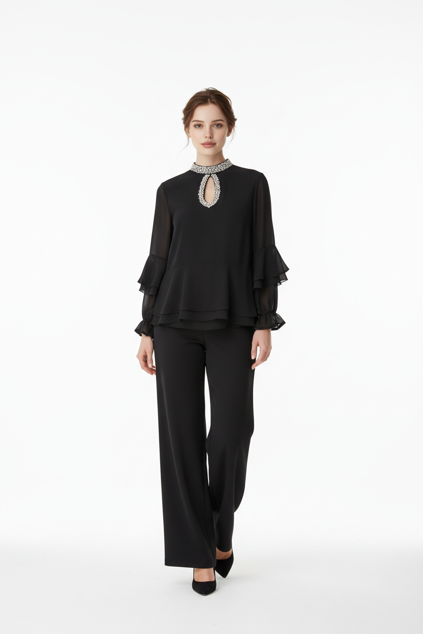 188  Premium Black Chiffon Set with Ruffles & Crystal-Embellished Keyhole