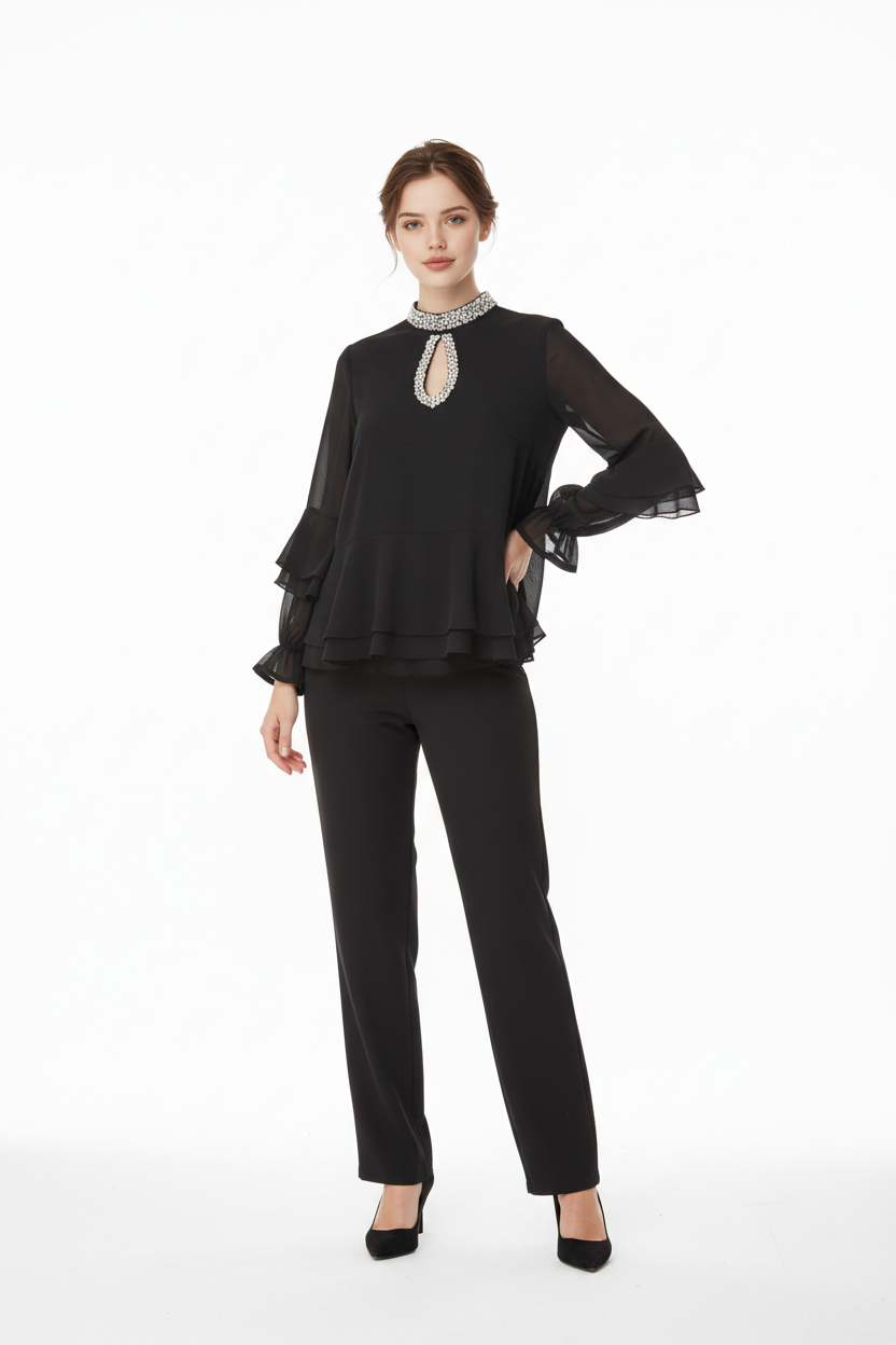 188  Premium Black Chiffon Set with Ruffles & Crystal-Embellished Keyhole