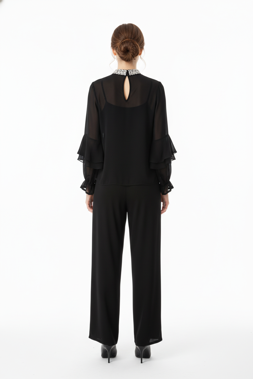 188  Premium Black Chiffon Set with Ruffles & Crystal-Embellished Keyhole