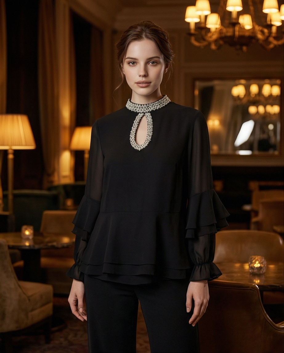 188  Premium Black Chiffon Set with Ruffles & Crystal-Embellished Keyhole