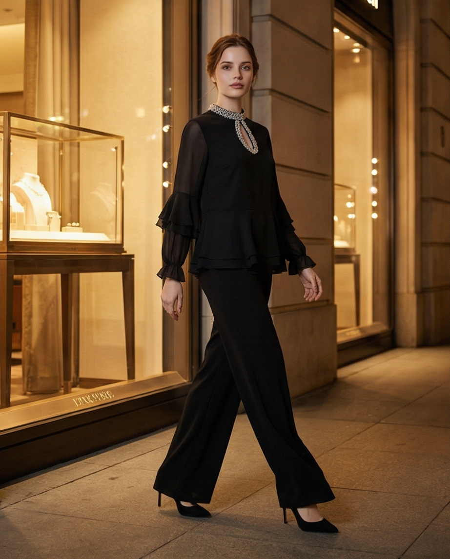 188  Premium Black Chiffon Set with Ruffles & Crystal-Embellished Keyhole