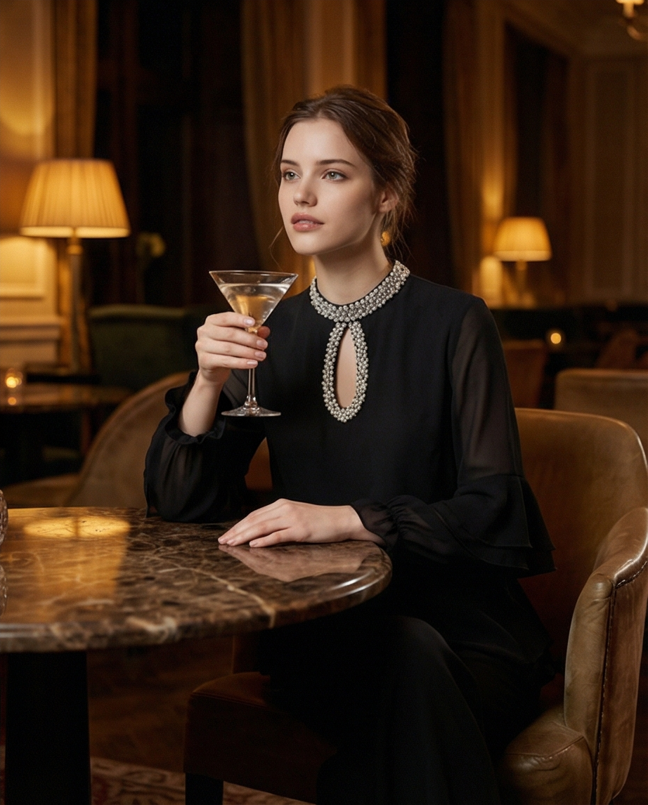 188  Premium Black Chiffon Set with Ruffles & Crystal-Embellished Keyhole