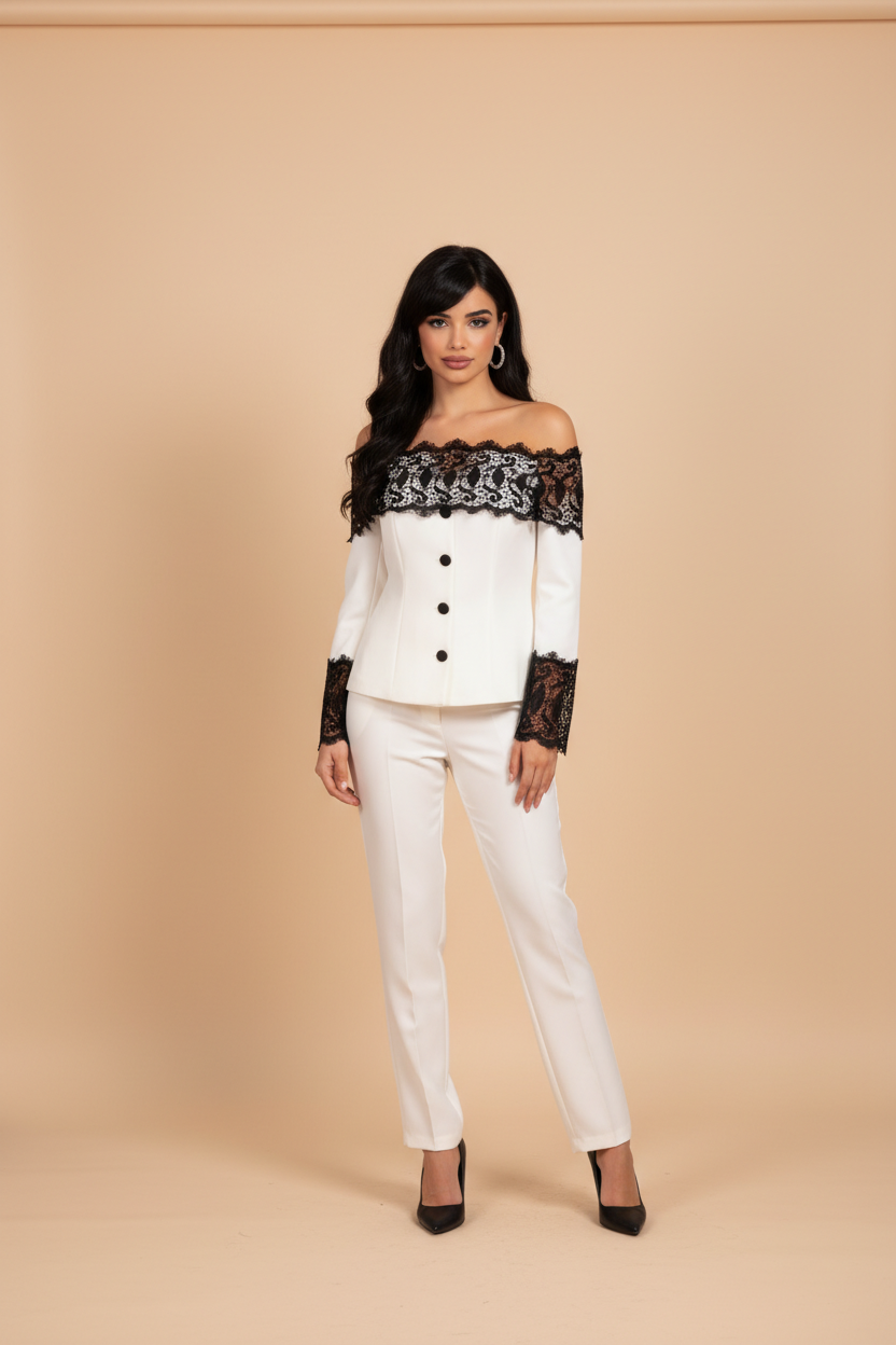 190  Set with Off-the-Shoulder Top & Black Lace Appliqué,White Crepe