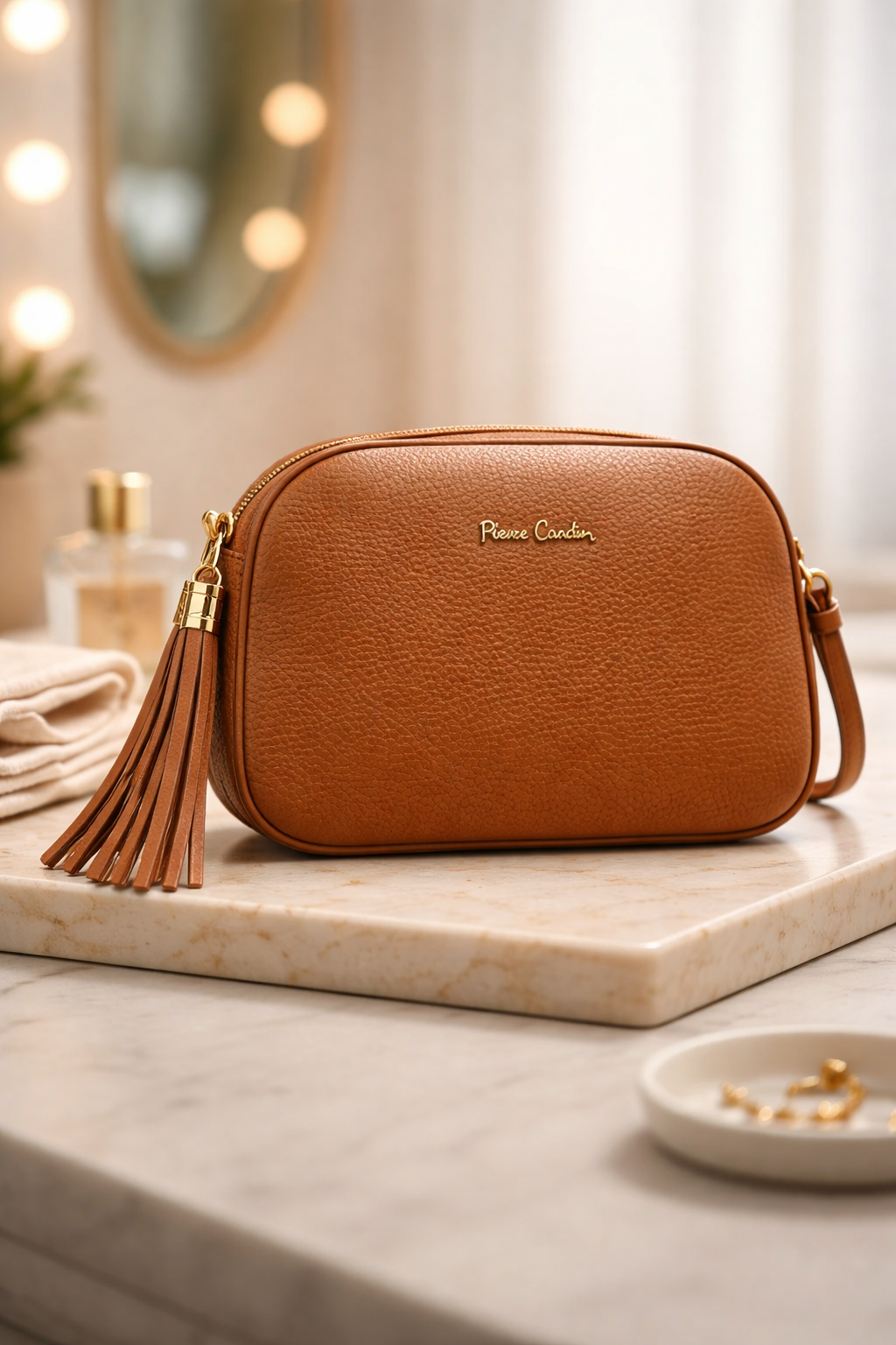 191 Pierre Cardin Leather Crossbody Bag with Triple Zip Compartments