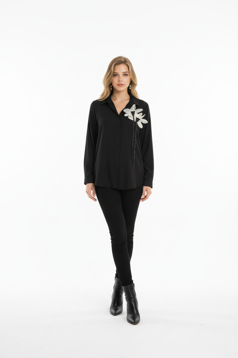 195 Black Georgette Long Sleeve Shirt with White Flower Appliqué